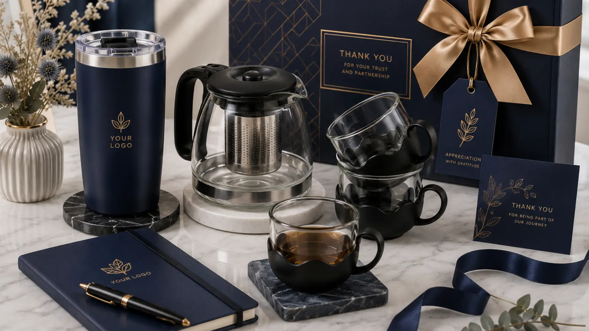 Paket Souvenir Custom Premium Navy & Gold Tea Set
